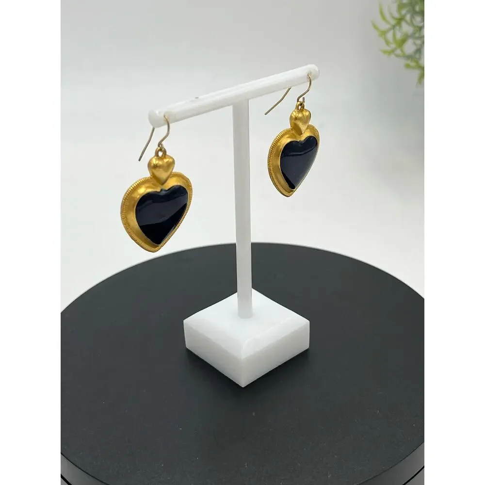 Vintage Gold Tone‎ and Black Enamel Heart Dangle Drop Earrings